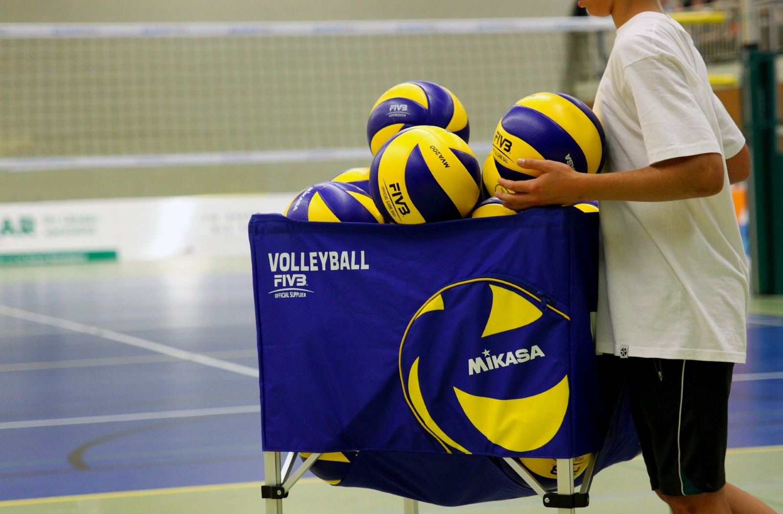 Blue and yellow volleyballs ready for training